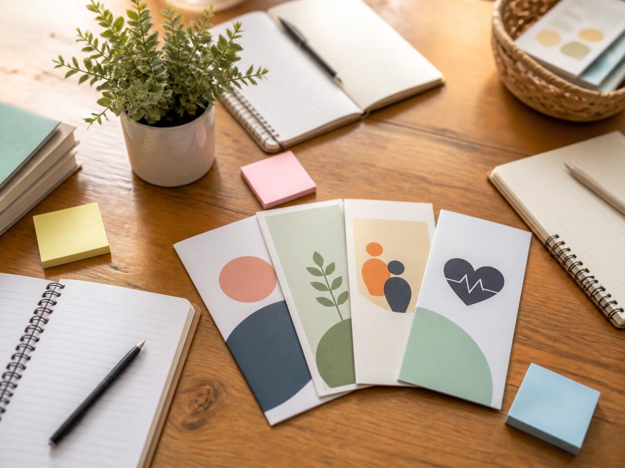 A community learning space with open notebooks and health pamphlets on a wooden table in warm light