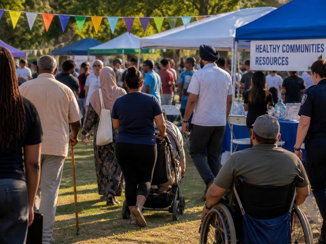 A diverse crowd gathered at an outdoor community health fair, seen from behind