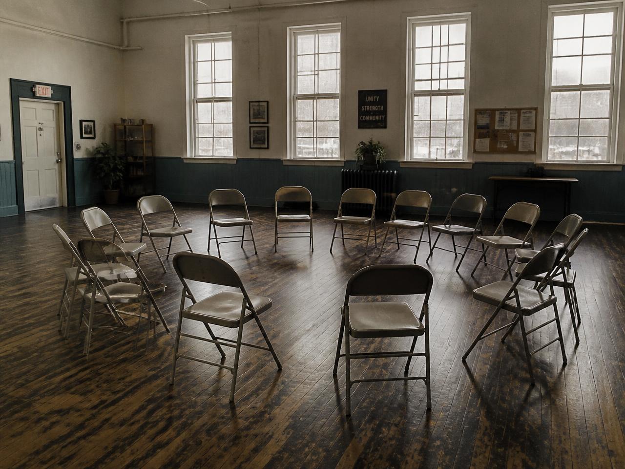 Empty folding chairs arranged in a circle in a community center