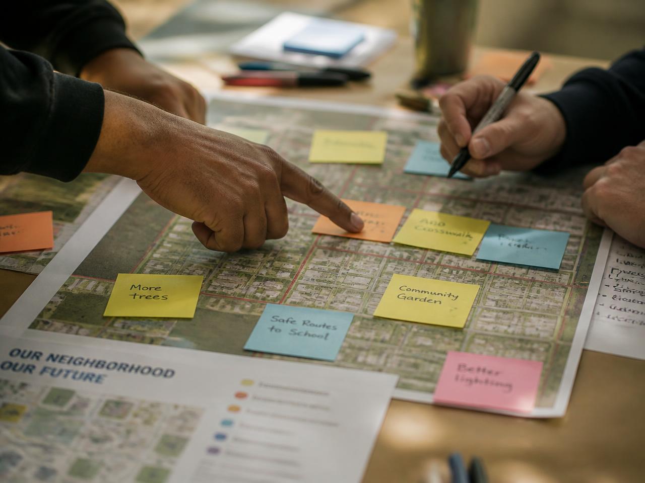 Hands marking priorities on a neighborhood map covered in sticky notes