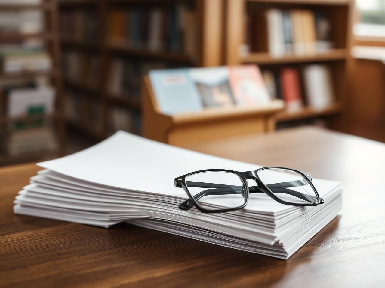 A stack of plain pamphlets and reading glasses on a library table