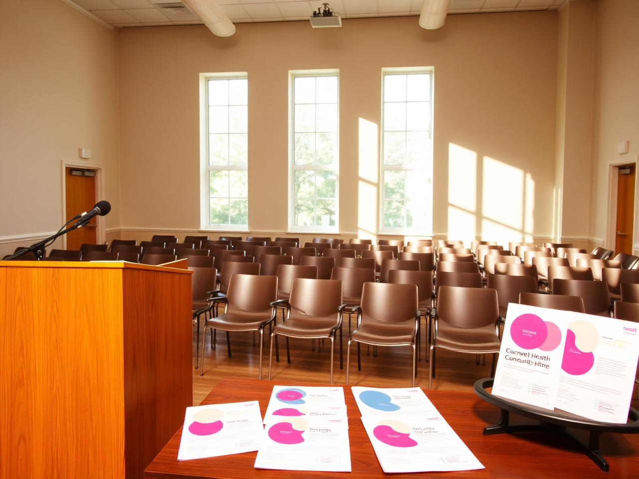 An empty community room with a podium, microphone and printed health materials arranged for a speaker program