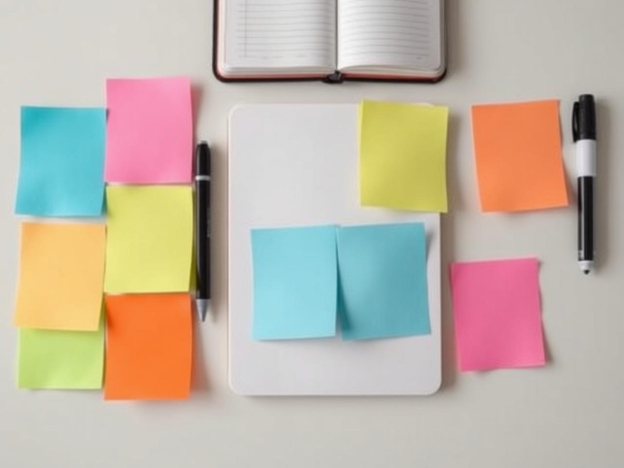 An overhead view of a grid of blank sticky notes on a planning wall